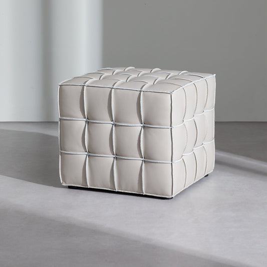 Monarch Leather Tufted Cube Pouf-Beige