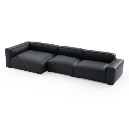 Luxury Minimalist Black Leather Sectional-Black-145.7"-Facing Left