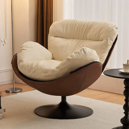 Contemporary Nordic Cat-Scratch Leather Metal Curved Round-Base Swivel Lounge Chair With Backrest For Living Room