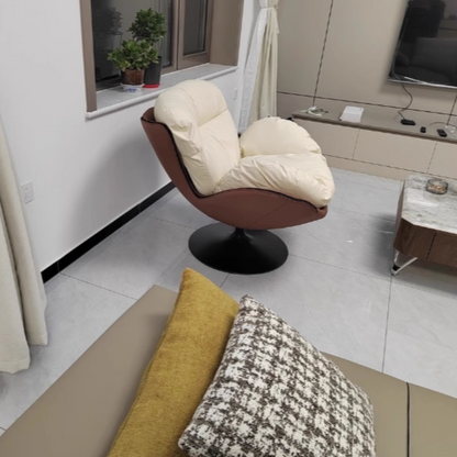 Contemporary Nordic Cat-Scratch Leather Metal Curved Round-Base Swivel Lounge Chair With Backrest For Living Room
