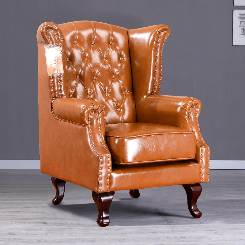 Traditional Vintage Rectangular PU Leather Suede Fabric Solid Wood Accent Chair Backrest Armrest For Living Room