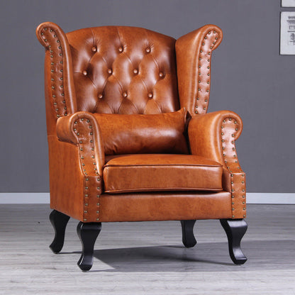 Traditional Vintage Rectangular PU Leather Suede Fabric Solid Wood Accent Chair Backrest Armrest For Living Room
