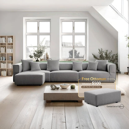 Nordic Modern Gray Sofa with Ottoman-Gray