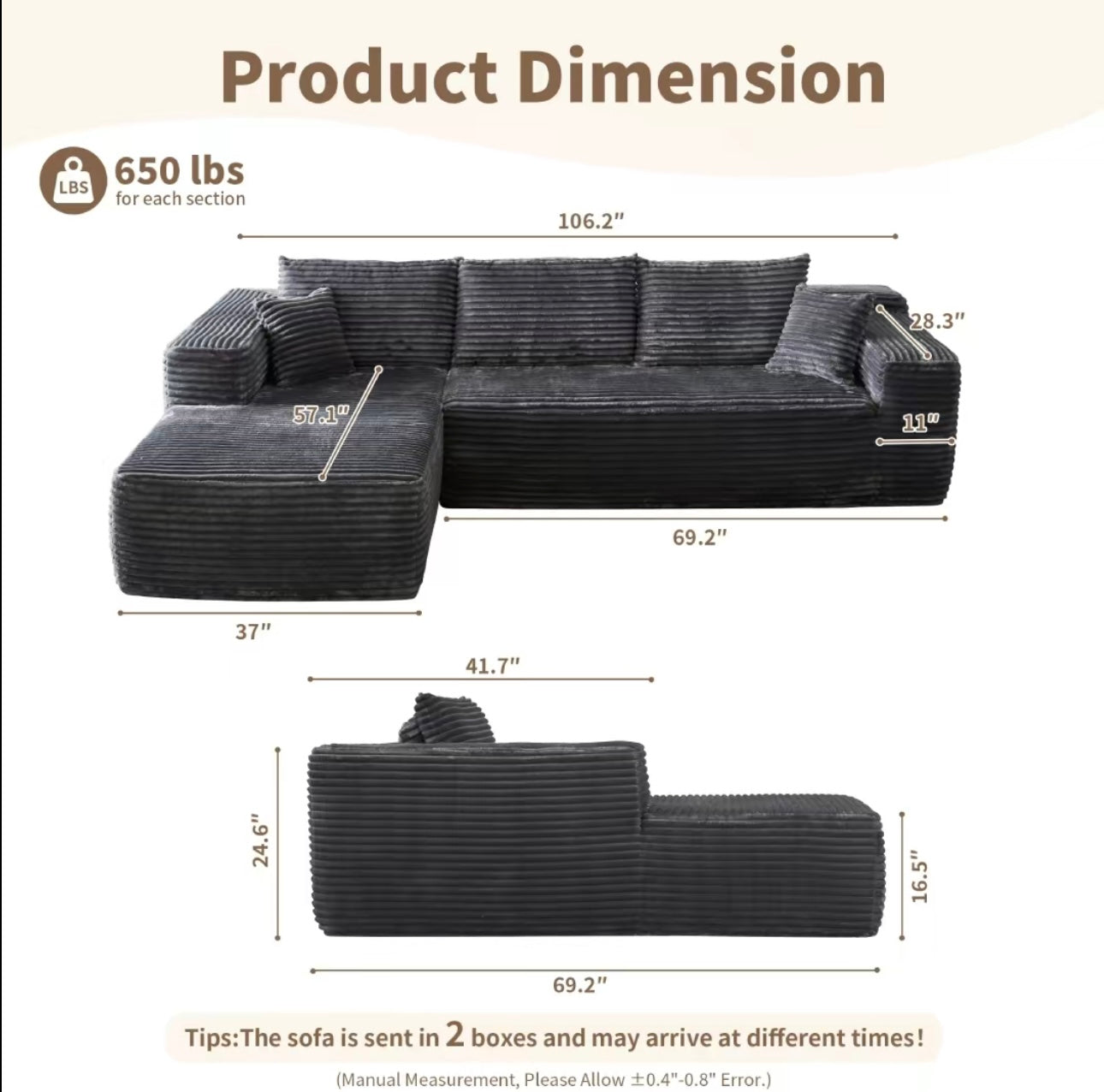 Modular L-Shaped Compressed sofa for small spaces|Boneless Couch with Chaise 103"