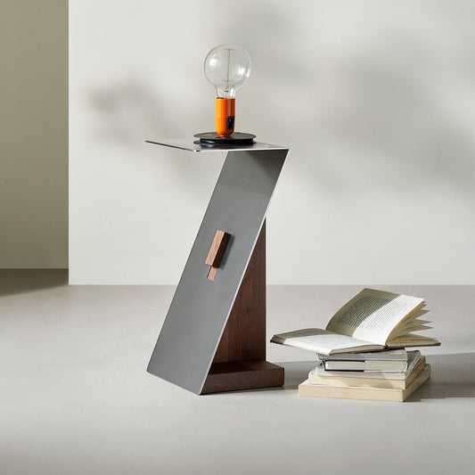 Modern Brushed Stainless Steel Side Table-Walnut