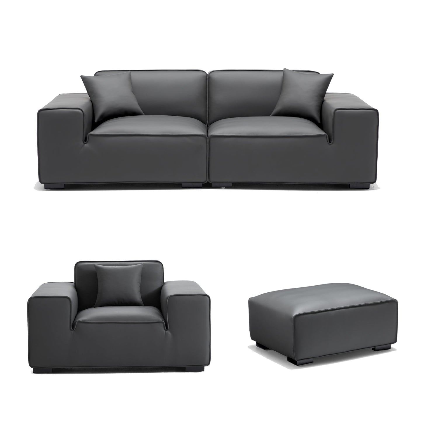 Domus Modular Black Leather Sofa Set-Dark Gray-94.5″
